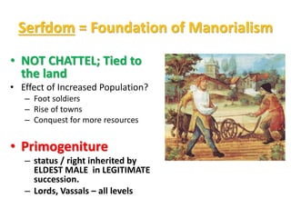 Serfdom = Foundation of Manorialism
• NOT CHATTEL; Tied to
the land
• Effect of Increased Population?
– Foot soldiers
– Rise of towns
– Conquest for more resources
• Primogeniture
– status / right inherited by
ELDEST MALE in LEGITIMATE
succession.
– Lords, Vassals – all levels
 