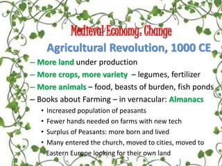 Medieval Economy: Change
Agricultural Revolution, 1000 CE
– More land under production
– More crops, more variety – legumes, fertilizer
– More animals – food, beasts of burden, fish ponds
– Books about Farming – in vernacular: Almanacs
• Increased population of peasants
• Fewer hands needed on farms with new tech
• Surplus of Peasants: more born and lived
• Many entered the church, moved to cities, moved to
Eastern Europe looking for their own land
 