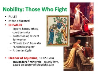 Nobility: Those Who Fight
• RULE!
• More educated
• CHIVALRY
– loyalty, honor, ethics,
court behavior
– Protection of, respect
for women
– “Chaste love” from afar
– “Christian knights”
– Arthurian Cycle
• Eleanor of Aquitaine, 1122-1204
– Troubadors / minstrels – courtly love,
based on poetry of Moorish Spain
 