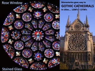 • Mountains
• Dense forests
• Seas
• The Dark
Monasteries gave way to
GOTHIC CATHEDRALS
in cities…. 1200’s – 13’00’s
 