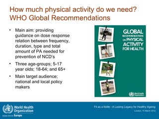How much physical activity do we need?
WHO Global Recommendations
•   Main aim: providing
    guidance on dose response
    relation between frequency,
    duration, type and total
    amount of PA needed for
    prevention of NCD’s
•   Three age-groups; 5-17
    year olds; 18-64; and 65+
•   Main target audience;
    national and local policy
    makers



                                  Fit as a fiddle - A Lasting Legacy for Healthy Ageing
                                                                    London, 15 March 2012
 