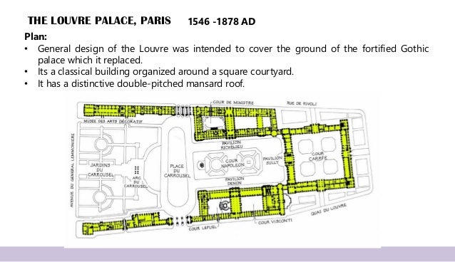 THE LOUVRE PALACE, PARIS
Plan:
• General design of the Louvre was intended to cover the ground of the fortified Gothic
palace which it replaced.
• Its a classical building organized around a square courtyard.
• It has a distinctive double-pitched mansard roof.
1546 -1878 AD
 
