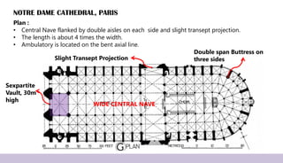 NOTRE DAME CATHEDRAL, PARIS
Plan :
• Central Nave flanked by double aisles on each side and slight transept projection.
• The length is about 4 times the width.
• Ambulatory is located on the bent axial line.
Slight Transept Projection
Sexpartite
Vault, 30m
high
WIDE CENTRAL NAVE
Double span Buttress on
three sides
 