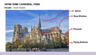 NOTRE DAME CATHEDRAL, PARIS
Facade : South facade
Rose Window
Spires
Flying Buttress
Pinnacle
 