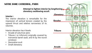 NOTRE DAME CATHEDRAL, PARIS
Interior :
The interior elevation is remarkable for the
impression of vertical tension created by the
upward thrust and relative narrowness of its
volumes.
Interior elevation has 4 levels
• Arcade of columnar piers
• Tribune ( or triforium) originally covered by
transverse barrel vault, and lit by the round
windows)
• Decorative oculi
• Small clerestory
Arcade
Tribune
Occulus
Clerestory
Attempt to lighten interior by lengthening
clerestory swallowing occuli.
 