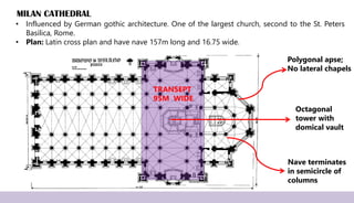 MILAN CATHEDRAL
• Influenced by German gothic architecture. One of the largest church, second to the St. Peters
Basilica, Rome.
• Plan: Latin cross plan and have nave 157m long and 16.75 wide.
Polygonal apse;
No lateral chapels
Nave terminates
in semicircle of
columns
TRANSEPT
95M WIDE
Octagonal
tower with
domical vault
 