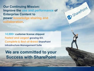 Our Continuing Mission:
Improve the use and performance of
Enterprise Content to
power knowledge sharing and
collaboration.

14,000+ customer license shipped
Fastest and Largest growing ISV.
Complete & Best-of-Breed SharePoint
Infrastructure Management Suite

We are committed to your
Success with SharePoint

 
