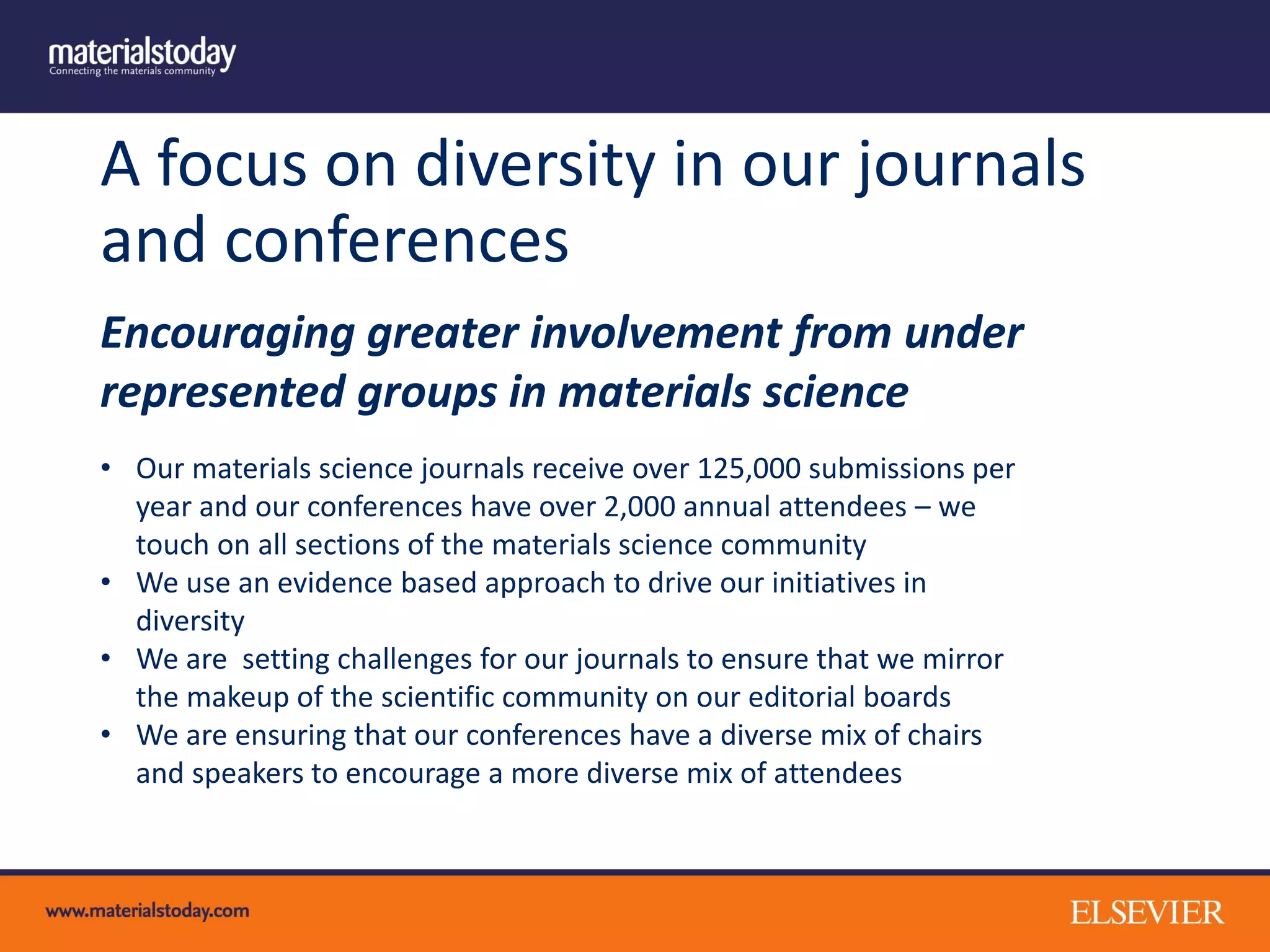 A focus on diversity in our journals
and conferences
Encouraging greater involvement from under
represented groups in materials science
• Our materials science journals receive over 125,000 submissions per
year and our conferences have over 2,000 annual attendees – we
touch on all sections of the materials science community
• We use an evidence based approach to drive our initiatives in
diversity
• We are setting challenges for our journals to ensure that we mirror
the makeup of the scientific community on our editorial boards
• We are ensuring that our conferences have a diverse mix of chairs
and speakers to encourage a more diverse mix of attendees
 