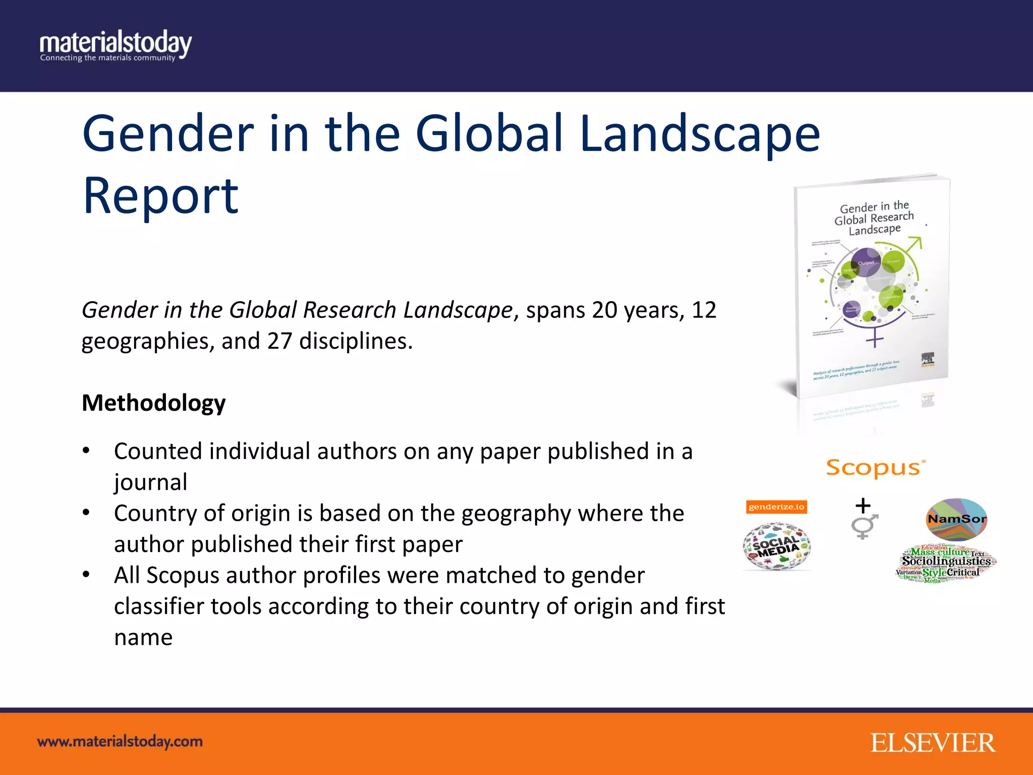 Gender in the Global Landscape
Report
Gender in the Global Research Landscape, spans 20 years, 12
geographies, and 27 disciplines.
Methodology
• Counted individual authors on any paper published in a
journal
• Country of origin is based on the geography where the
author published their first paper
• All Scopus author profiles were matched to gender
classifier tools according to their country of origin and first
name
+
 