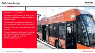 © Hitachi Energy 2021. All rights reserved.
Safety by design
• 4 contacts (+, -, CP and PE)
• The system is still “floating” so even in the
event of a single failure poses no danger of
electrical shock
• The overhead receptacle (or the socket) is
only energised when the bus is connected
• The earth is the first to connect and the last
to break
• The earth between the bus and the charger,
the insulation between positive and earth
as well as negative to earth are
continuously monitored
20
 