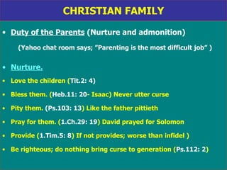 CHRISTIAN FAMILY Duty of the Parents  (Nurture and admonition) (Yahoo chat room says; ”Parenting is the most difficult job” ) Nurture. Love the children ( Tit.2: 4) Bless them. ( Heb.11: 20 - Isaac) Never utter curse Pity them.  (Ps.103: 13 ) Like the father pittieth Pray for them. ( 1.Ch.29: 19 ) David prayed for Solomon  Provide ( 1.Tim.5: 8 ) If not provides; worse than infidel ) Be righteous; do nothing bring curse to generation ( Ps.112: 2 ) 