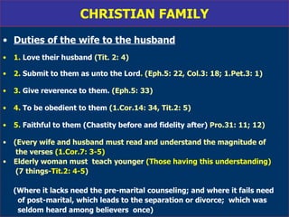 CHRISTIAN FAMILY Duties of the wife to the husband 1.  Love their husband   (Tit. 2: 4) 2.  Submit to them as unto the Lord .  (Eph.5: 22, Col.3: 18; 1.Pet.3: 1) 3.  Give reverence to them.   (Eph.5: 33) 4.  To be obedient to them   (1.Cor.14: 34, Tit.2: 5) 5.  Faithful to them (Chastity before and fidelity after)   Pro.31: 11; 12) (Every wife and husband must read and understand the magnitude of the verses  (1.Cor.7: 3-5)  Elderly woman must  teach younger  (Those having this understanding) (7 things- Tit.2: 4-5 ) (Where it lacks need the pre-marital counseling; and where it fails need of post-marital, which leads to the separation or divorce;  which was seldom heard among believers  once)   