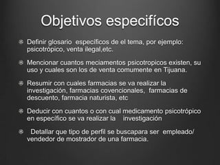 Objetivos especifícos
Definir glosario específicos de el tema, por ejemplo:
psicotrópico, venta ilegal,etc.
Mencionar cuantos meciamentos psicotropicos existen, su
uso y cuales son los de venta comumente en Tijuana.
Resumir con cuales farmacias se va realizar la
investigación, farmacias covencionales, farmacias de
descuento, farmacia naturista, etc
Deducir con cuantos o con cual medicamento psicotrópico
en específico se va realizar la investigación
Detallar que tipo de perfil se buscapara ser empleado/
vendedor de mostrador de una farmacia.
 