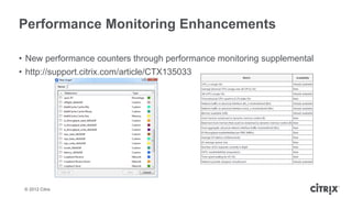 Performance Monitoring Enhancements

• New performance counters through performance monitoring supplemental
• http://support.citrix.com/article/CTX135033




 © 2012 Citrix
 