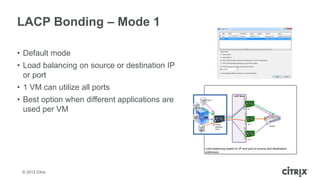 LACP Bonding – Mode 1

• Default mode
• Load balancing on source or destination IP
  or port
• 1 VM can utilize all ports
• Best option when different applications are
  used per VM




 © 2012 Citrix
 