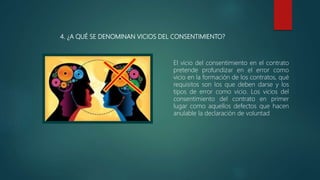 4. ¿A QUÉ SE DENOMINAN VICIOS DEL CONSENTIMIENTO?
El vicio del consentimiento en el contrato
pretende profundizar en el error como
vicio en la formación de los contratos, qué
requisitos son los que deben darse y los
tipos de error como vicio. Los vicios del
consentimiento del contrato en primer
lugar como aquellos defectos que hacen
anulable la declaración de voluntad
 