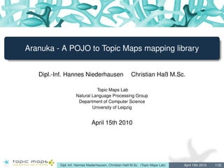 Aranuka - A POJO to Topic Maps mapping library


   Dipl.-Inf. Hannes Niederhausen                      Christian Haß M.Sc.

                              Topic Maps Lab
                    Natural Language Processing Group
                     Department of Computer Science
                            University of Leipzig


                              April 15th 2010




          Dipl.-Inf. Hannes Niederhausen, Christian Haß M.Sc. (Topic Maps Lab)   April 15th 2010   1/32
 