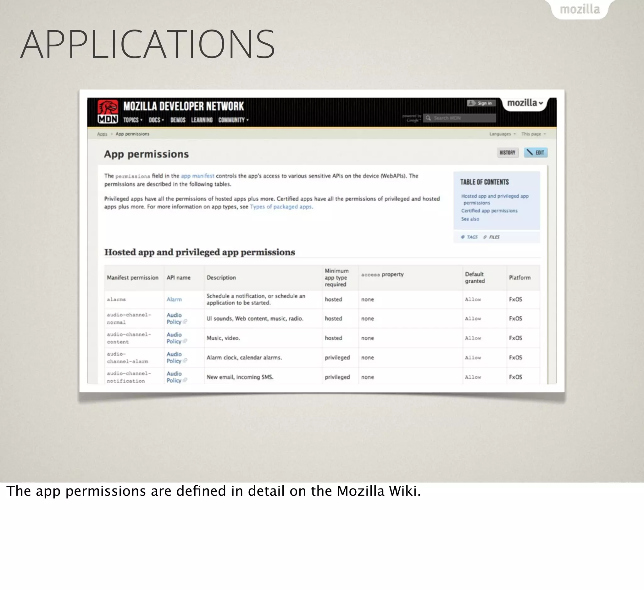 APPLICATIONS

The app permissions are deﬁned in detail on the Mozilla Wiki.

 