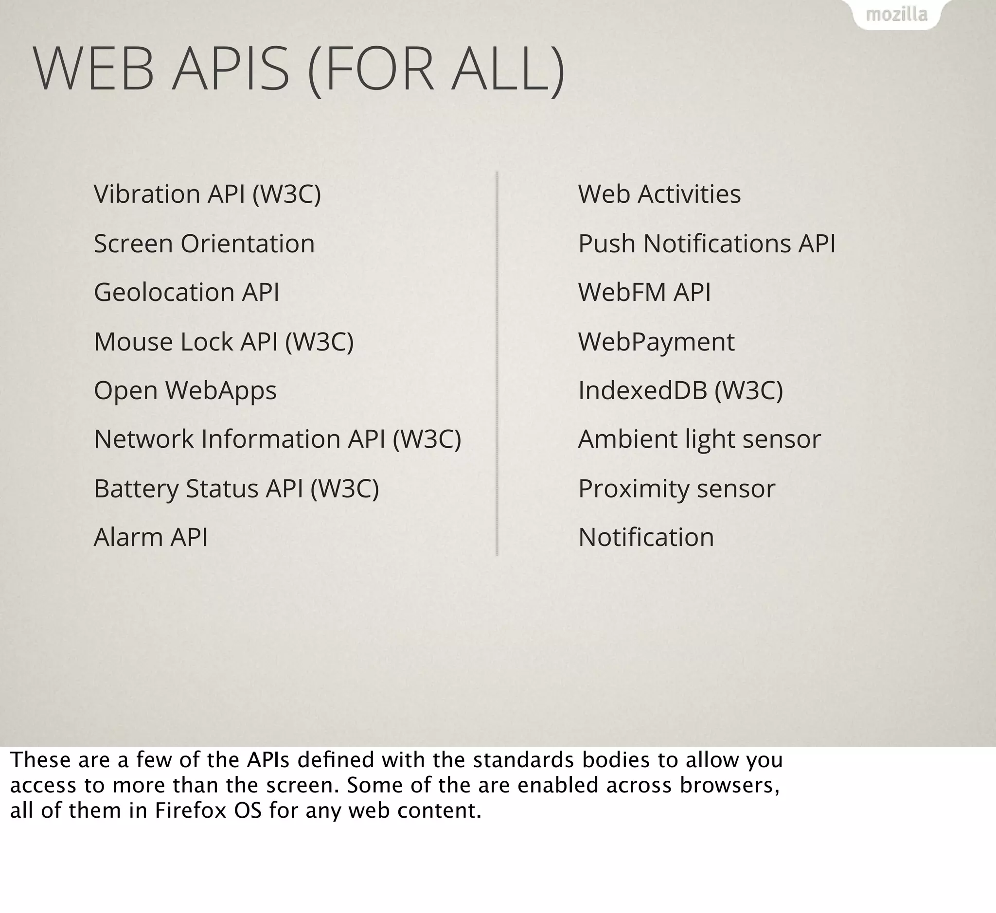 WEB APIS (FOR ALL)
Vibration API (W3C)

Web Activities

Screen Orientation

Push Notiﬁcations API

Geolocation API

WebFM API

Mouse Lock API (W3C)

WebPayment

Open WebApps

IndexedDB (W3C)

Network Information API (W3C)

Ambient light sensor

Battery Status API (W3C)

Proximity sensor

Alarm API

Notiﬁcation

These are a few of the APIs deﬁned with the standards bodies to allow you
access to more than the screen. Some of the are enabled across browsers,
all of them in Firefox OS for any web content.

 