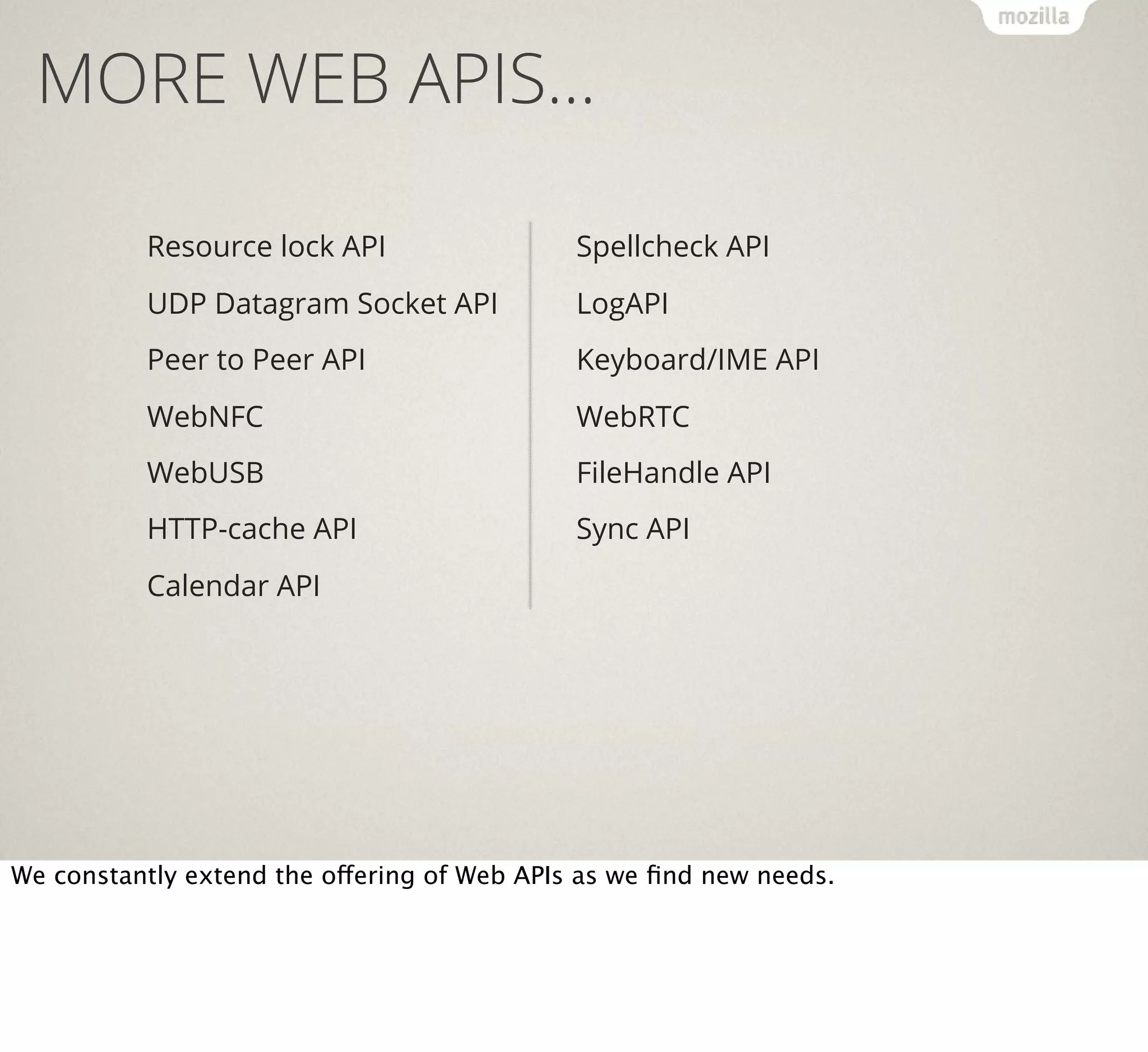MORE WEB APIS…
Resource lock API

Spellcheck API

UDP Datagram Socket API

LogAPI

Peer to Peer API

Keyboard/IME API

WebNFC

WebRTC

WebUSB

FileHandle API

HTTP-cache API

Sync API

Calendar API

We constantly extend the offering of Web APIs as we ﬁnd new needs.

 