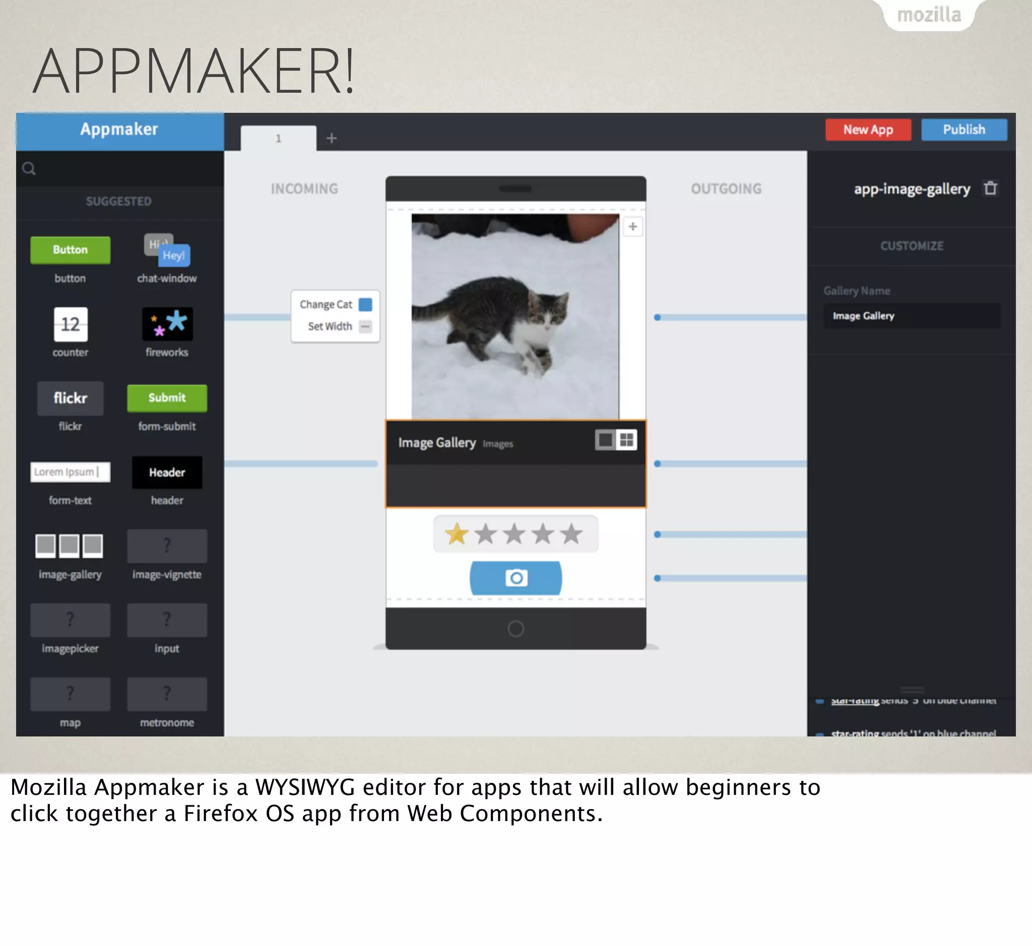 APPMAKER!
Resource lock API

Spellcheck API

UDP Datagram Socket API

LogAPI

Peer to Peer API

Keyboard/IME API

WebNFC

WebRTC

WebUSB

FileHandle API

HTTP-cache API

Sync API

Calendar API

Mozilla Appmaker is a WYSIWYG editor for apps that will allow beginners to
click together a Firefox OS app from Web Components.

 