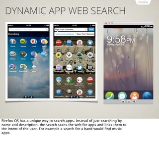 DYNAMIC APP WEB SEARCH

Firefox OS has a unique way to search apps. Instead of just searching by
name and description, the...