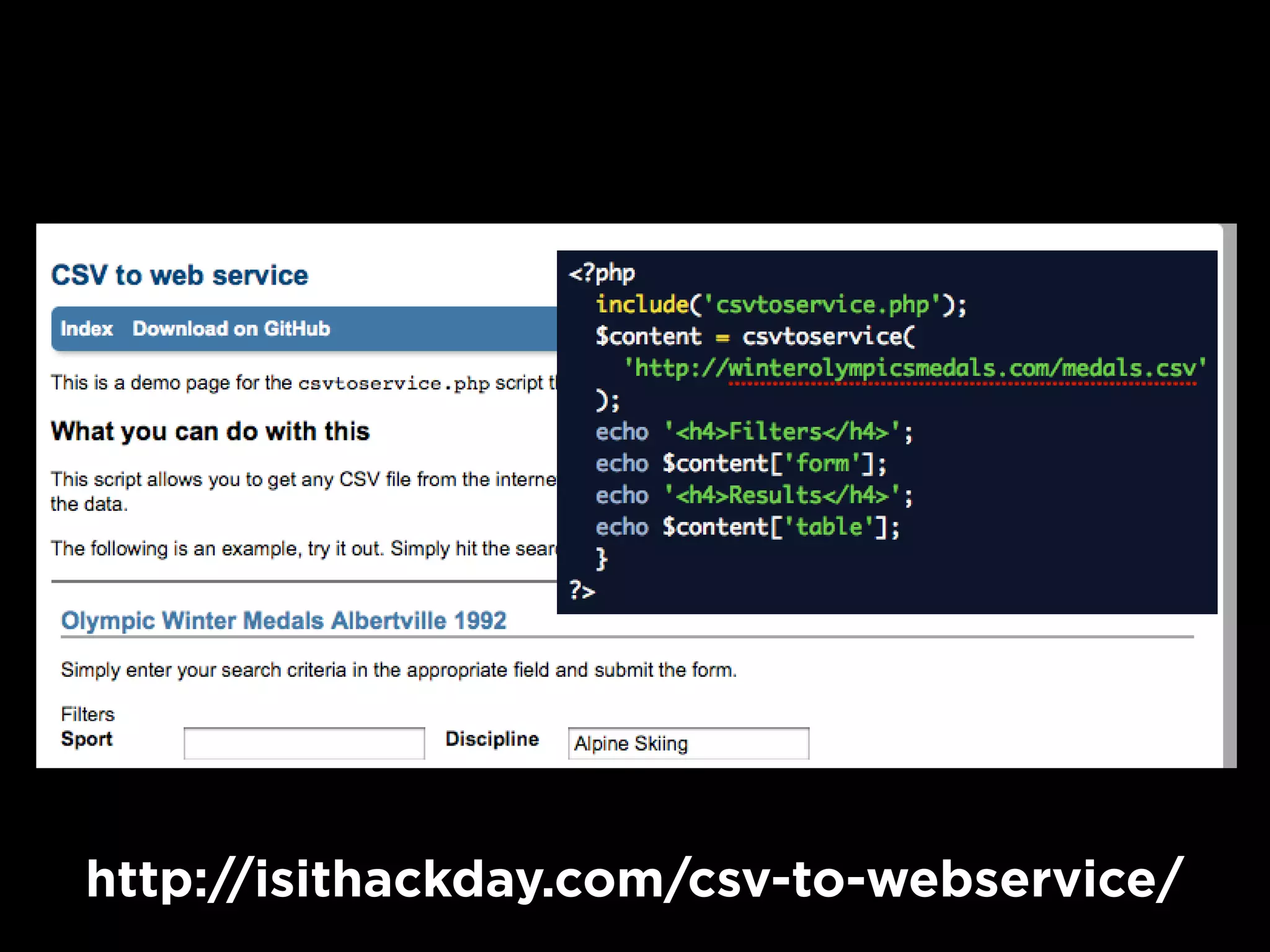http://isithackday.com/csv-to-webservice/
 