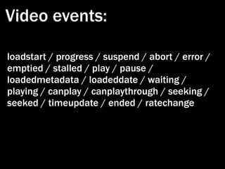 Video events:

loadstart / progress / suspend / abort / error /
emptied / stalled / play / pause /
loadedmetadata / loadeddate / waiting /
playing / canplay / canplaythrough / seeking /
seeked / timeupdate / ended / ratechange
 