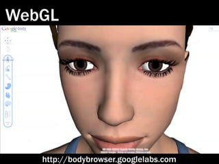 WebGL




   http://bodybrowser.googlelabs.com
 
