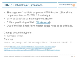 W3C Confirms May 2011 for HTML5 Last Call, Targets 2014 for HTML5 Standard (http://www.w3.org/2011/02/htmlwg-pr.html)HTML5 - A vocabulary and associated APIs for HTML and XHTMLhttp://www.w3.org/TR/html5/ / http://www.w3.org/html/wiki/FAQsFocus shifted from documents to web applications.HTML5 Timeline15