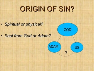 ORIGIN OF SIN? Spiritual or physical? Soul from God or Adam? GOD US ADAM ? 