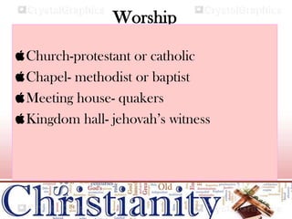 Worship
Church-protestant or catholic
Chapel- methodist or baptist
Meeting house- quakers
Kingdom hall- jehovah’s witness
 