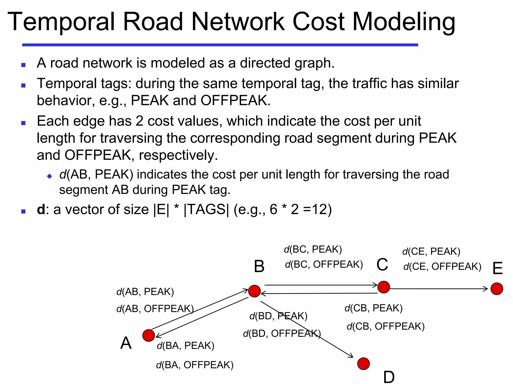 Temporal Road Network Cost Modeling
 A road network is modeled as a directed graph.
 Temporal tags: during the same temporal tag, the traffic has similar
behavior, e.g., PEAK and OFFPEAK.
 Each edge has 2 cost values, which indicate the cost per unit
length for traversing the corresponding road segment during PEAK
and OFFPEAK, respectively.
 d(AB, PEAK) indicates the cost per unit length for traversing the road
segment AB during PEAK tag.
 d: a vector of size |E| * |TAGS| (e.g., 6 * 2 =12)
A
B C
D
d(AB, PEAK)
d(AB, OFFPEAK)
d(BC, PEAK)
d(BC, OFFPEAK)
d(BA, PEAK)
d(BA, OFFPEAK)
d(CB, PEAK)
d(CB, OFFPEAK)
d(BD, PEAK)
d(BD, OFFPEAK)
E
d(CE, PEAK)
d(CE, OFFPEAK)
 