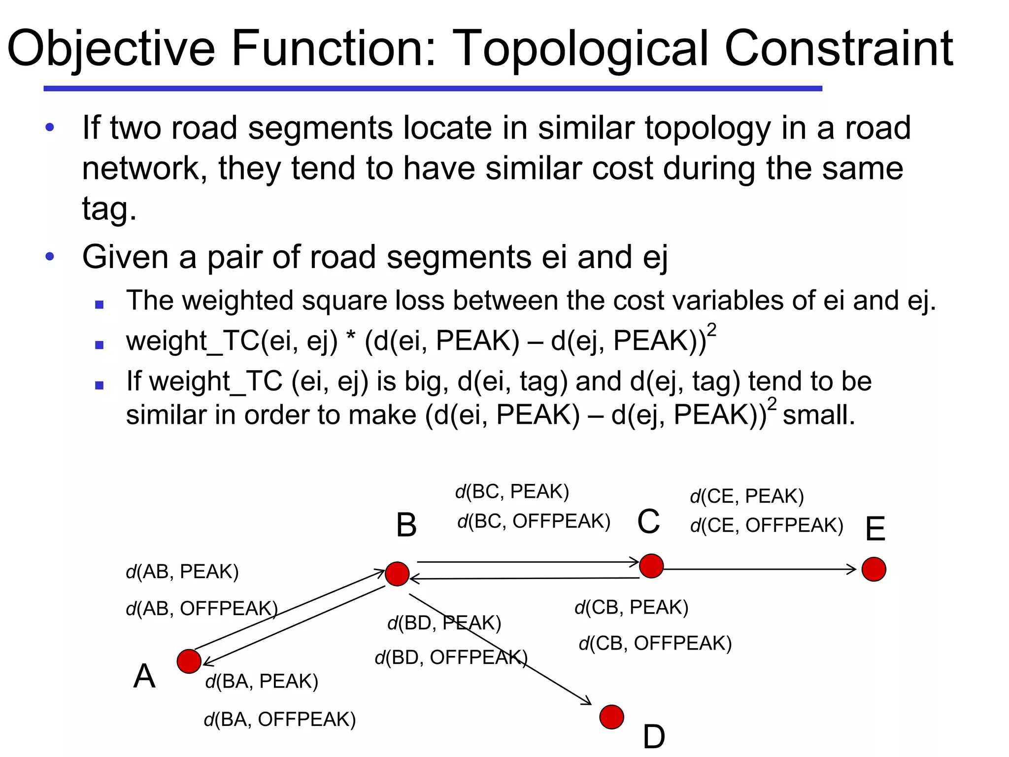 Objective Function: Topological Constraint
• If two road segments locate in similar topology in a road
network, they tend to have similar cost during the same
tag.
• Given a pair of road segments ei and ej
 The weighted square loss between the cost variables of ei and ej.
 weight_TC(ei, ej) * (d(ei, PEAK) – d(ej, PEAK))2
 If weight_TC (ei, ej) is big, d(ei, tag) and d(ej, tag) tend to be
similar in order to make (d(ei, PEAK) – d(ej, PEAK))2
small.
A
B C
D
d(AB, PEAK)
d(AB, OFFPEAK)
d(BC, PEAK)
d(BC, OFFPEAK)
d(BA, PEAK)
d(BA, OFFPEAK)
d(CB, PEAK)
d(CB, OFFPEAK)
d(BD, PEAK)
d(BD, OFFPEAK)
Ed(CE, OFFPEAK)
d(CE, PEAK)
 