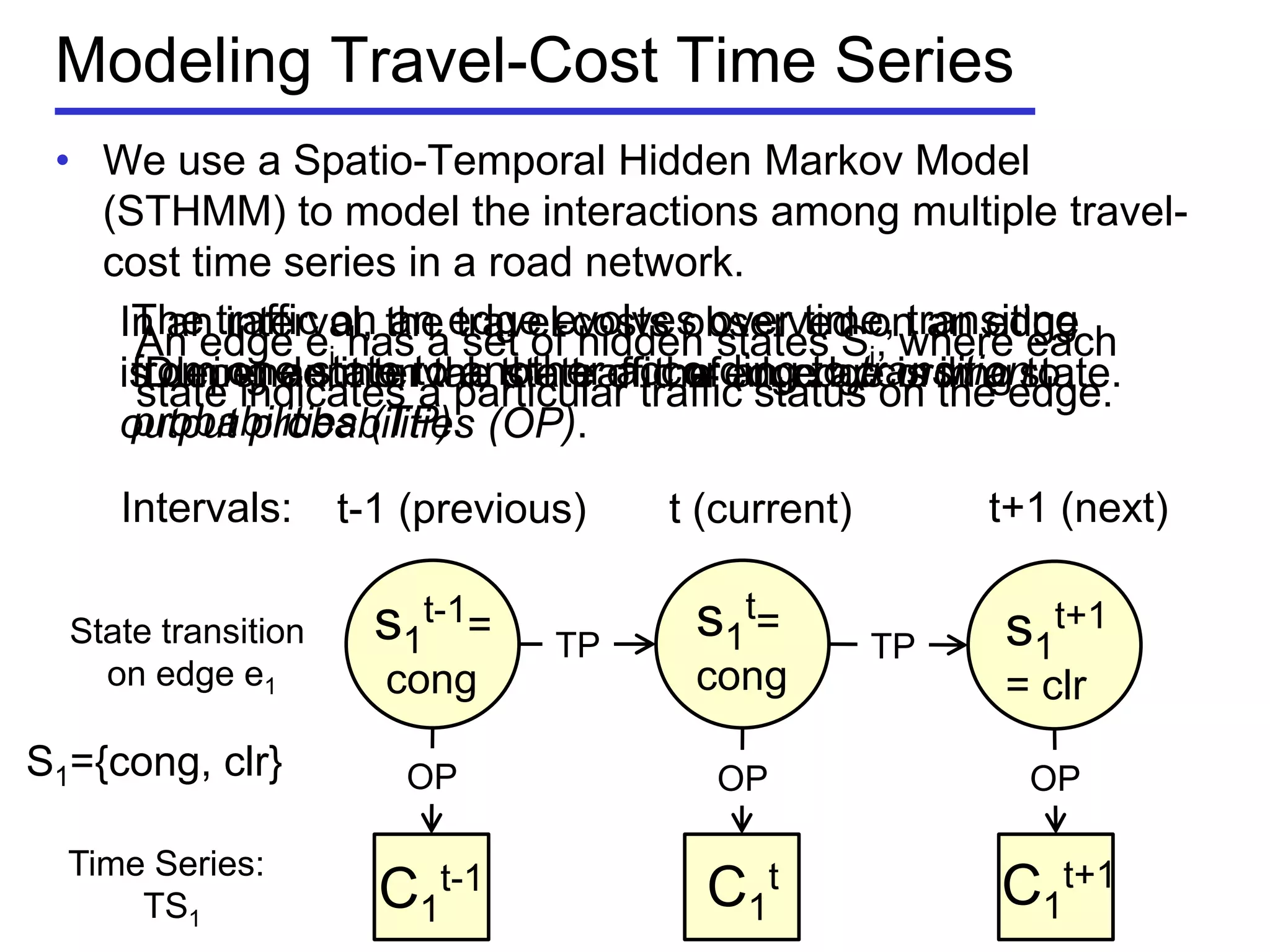 Modeling Travel-Cost Time Series
• We use a Spatio-Temporal Hidden Markov Model
(STHMM) to model the interactions among multiple travel-
cost time series in a road network.
State transition
on edge e1
s1
t-1=
cong
s1
t=
cong
s1
t+1
= clr
C1
t-1 C1
t C1
t+1Time Series:
TS1
TP TP
OP OP OP
An edge ei has a set of hidden states Si, where each
state indicates a particular traffic status on the edge.
S1={cong, clr}
During an interval, the traffic of an edge is in a state.
Intervals: t-1 (previous) t (current) t+1 (next)
The traffic on an edge evolves over time, transiting
from one state to another according to transition
probabilities (TP).
In an interval, the travel costs observed on an edge
is dependent on the state of the edge according to
output probabilities (OP).
 