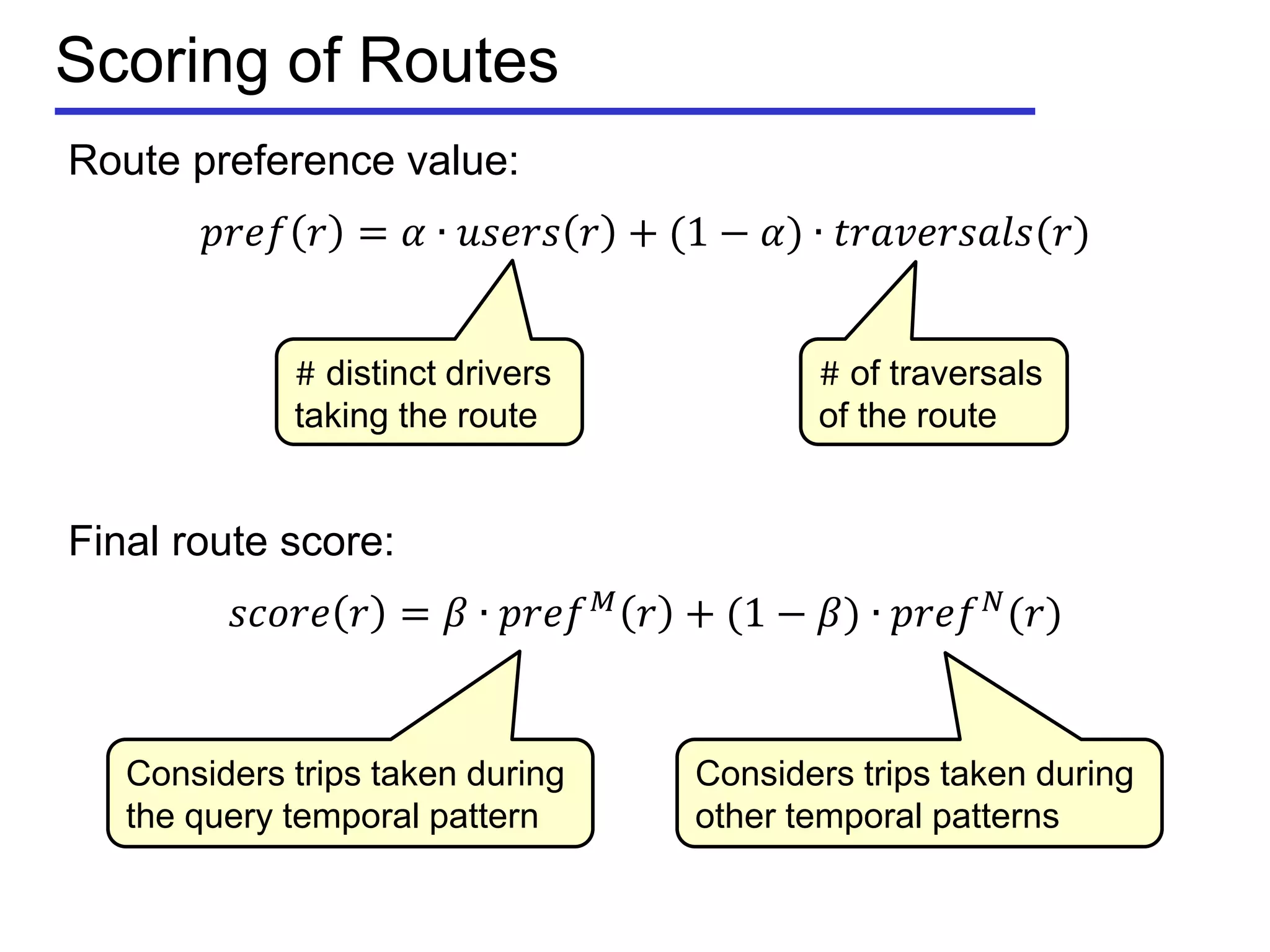 Final route score:
𝑠𝑐𝑜𝑟𝑒 𝑟 = 𝛽 ∙ 𝑝𝑟𝑒𝑓 𝑀 𝑟 + (1 − 𝛽) ∙ 𝑝𝑟𝑒𝑓 𝑁(𝑟)
Scoring of Routes
Route preference value:
𝑝𝑟𝑒𝑓 𝑟 = 𝛼 ∙ 𝑢𝑠𝑒𝑟𝑠 𝑟 + (1 − 𝛼) ∙ 𝑡𝑟𝑎𝑣𝑒𝑟𝑠𝑎𝑙𝑠(𝑟)
# distinct drivers
taking the route
# of traversals
of the route
Considers trips taken during
the query temporal pattern
Considers trips taken during
other temporal patterns
 