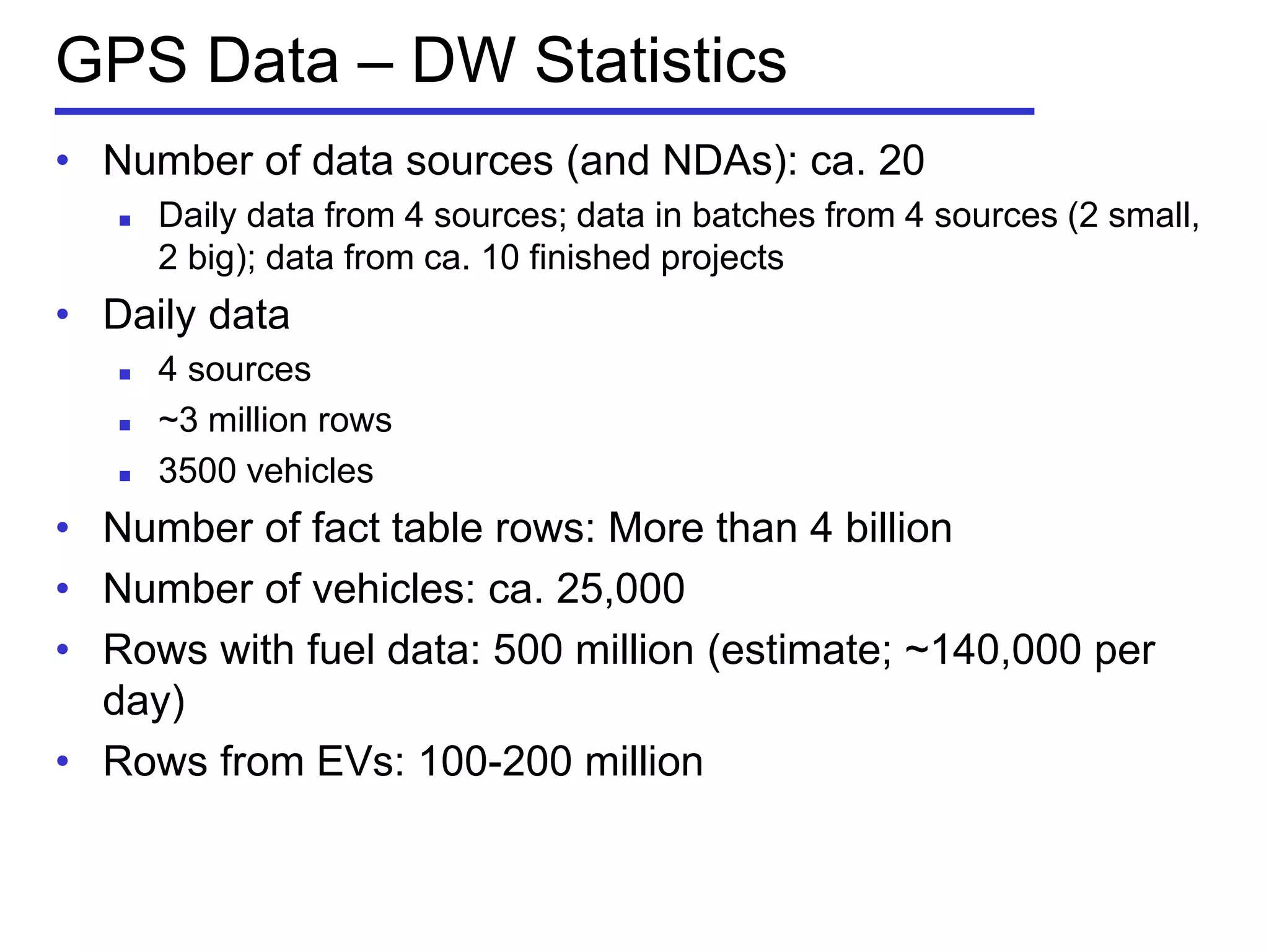 GPS Data – DW Statistics
• Number of data sources (and NDAs): ca. 20
 Daily data from 4 sources; data in batches from 4 sources (2 small,
2 big); data from ca. 10 finished projects
• Daily data
 4 sources
 ~3 million rows
 3500 vehicles
• Number of fact table rows: More than 4 billion
• Number of vehicles: ca. 25,000
• Rows with fuel data: 500 million (estimate; ~140,000 per
day)
• Rows from EVs: 100-200 million
 