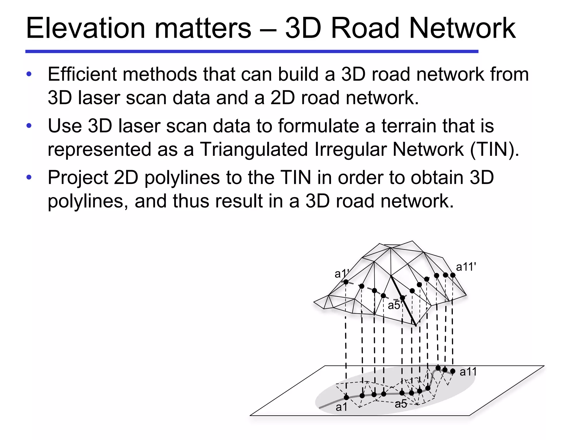 a1'
a11'
a1
a11
a5'
a5
Elevation matters – 3D Road Network
• Efficient methods that can build a 3D road network from
3D laser scan data and a 2D road network.
• Use 3D laser scan data to formulate a terrain that is
represented as a Triangulated Irregular Network (TIN).
• Project 2D polylines to the TIN in order to obtain 3D
polylines, and thus result in a 3D road network.
 