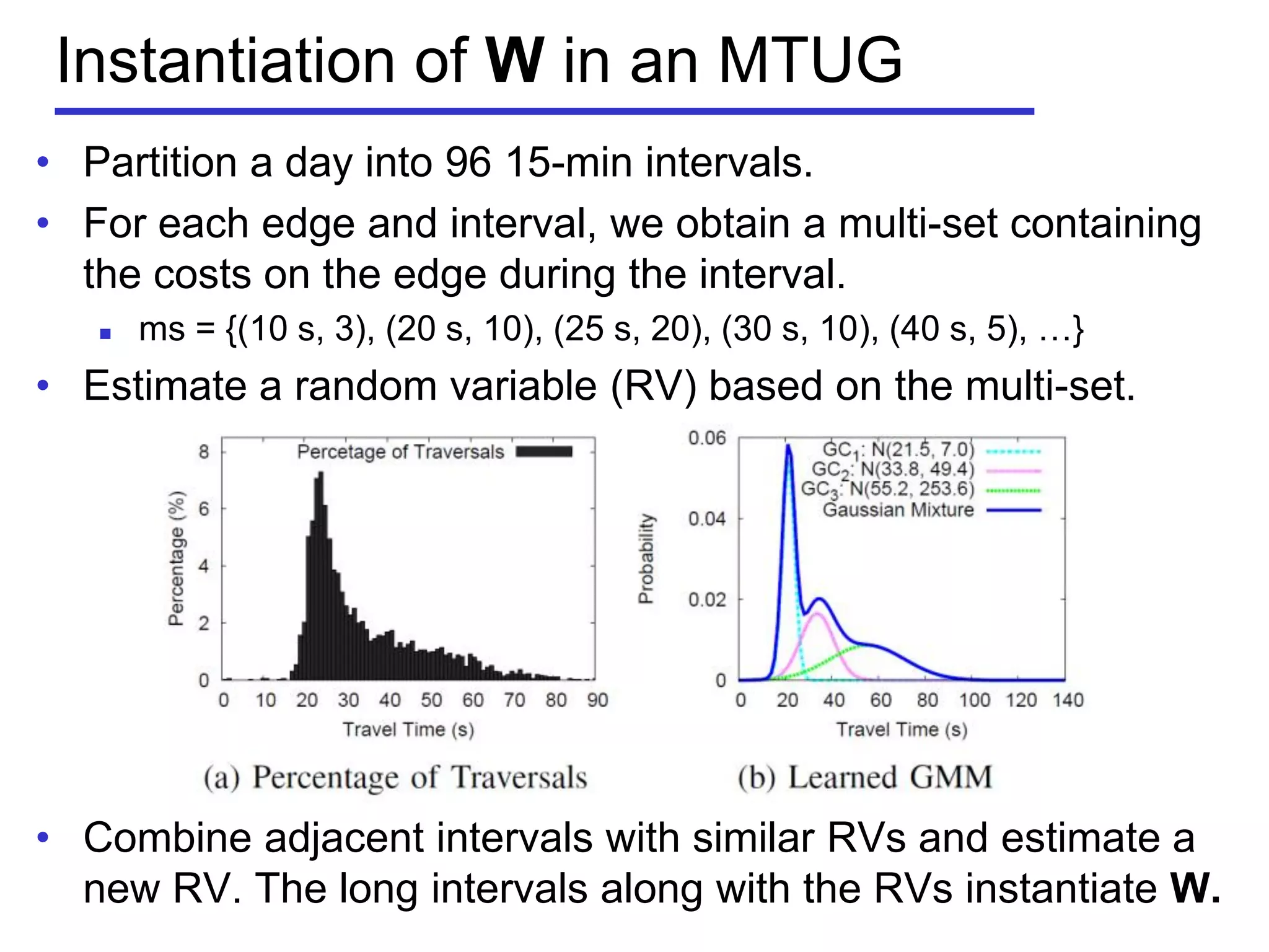 Instantiation of W in an MTUG
• Partition a day into 96 15-min intervals.
• For each edge and interval, we obtain a multi-set containing
the costs on the edge during the interval.
 ms = {(10 s, 3), (20 s, 10), (25 s, 20), (30 s, 10), (40 s, 5), …}
• Estimate a random variable (RV) based on the multi-set.
• Combine adjacent intervals with similar RVs and estimate a
new RV. The long intervals along with the RVs instantiate W.
 
