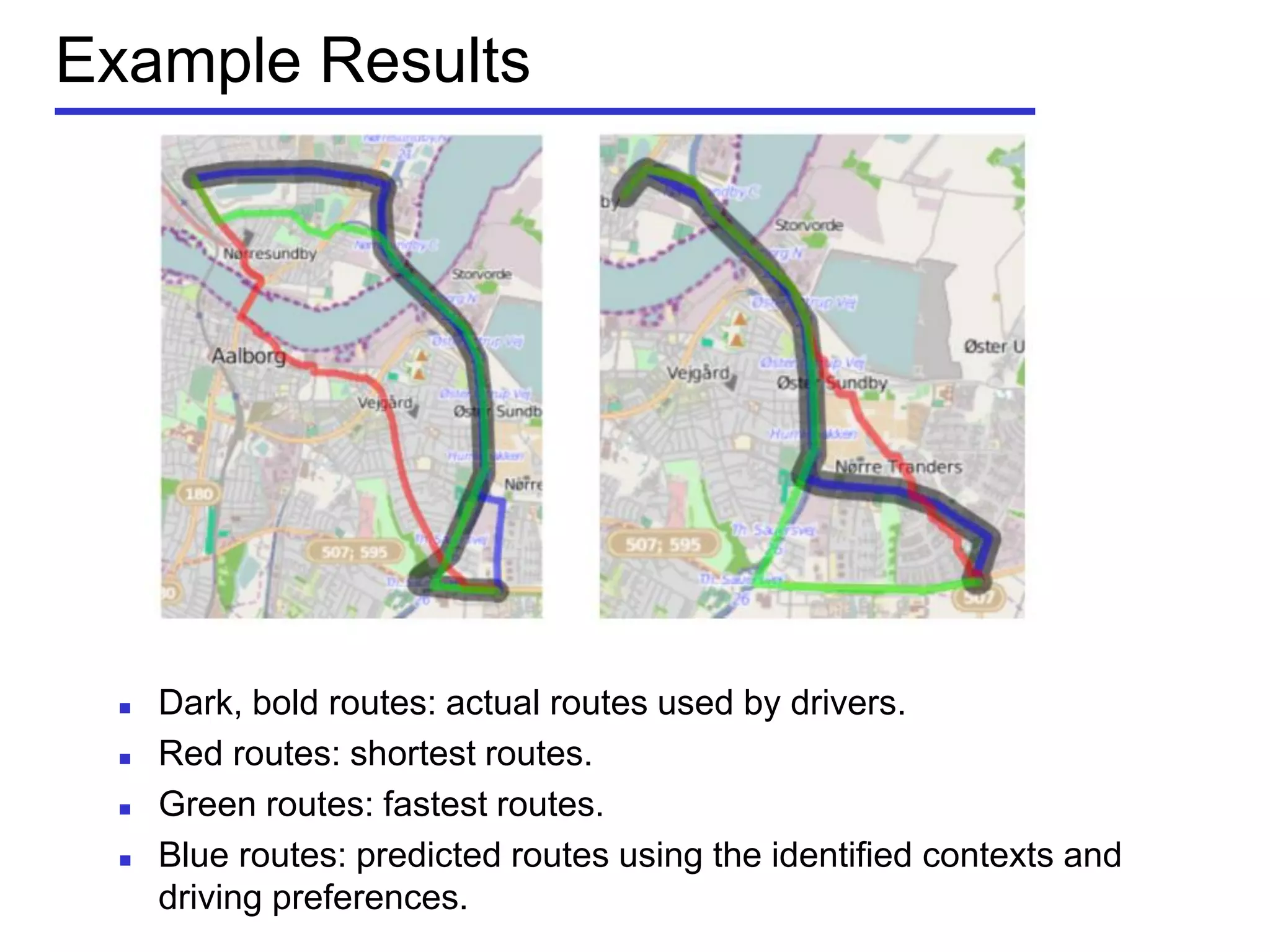 Example Results
 Dark, bold routes: actual routes used by drivers.
 Red routes: shortest routes.
 Green routes: fastest routes.
 Blue routes: predicted routes using the identified contexts and
driving preferences.
 
