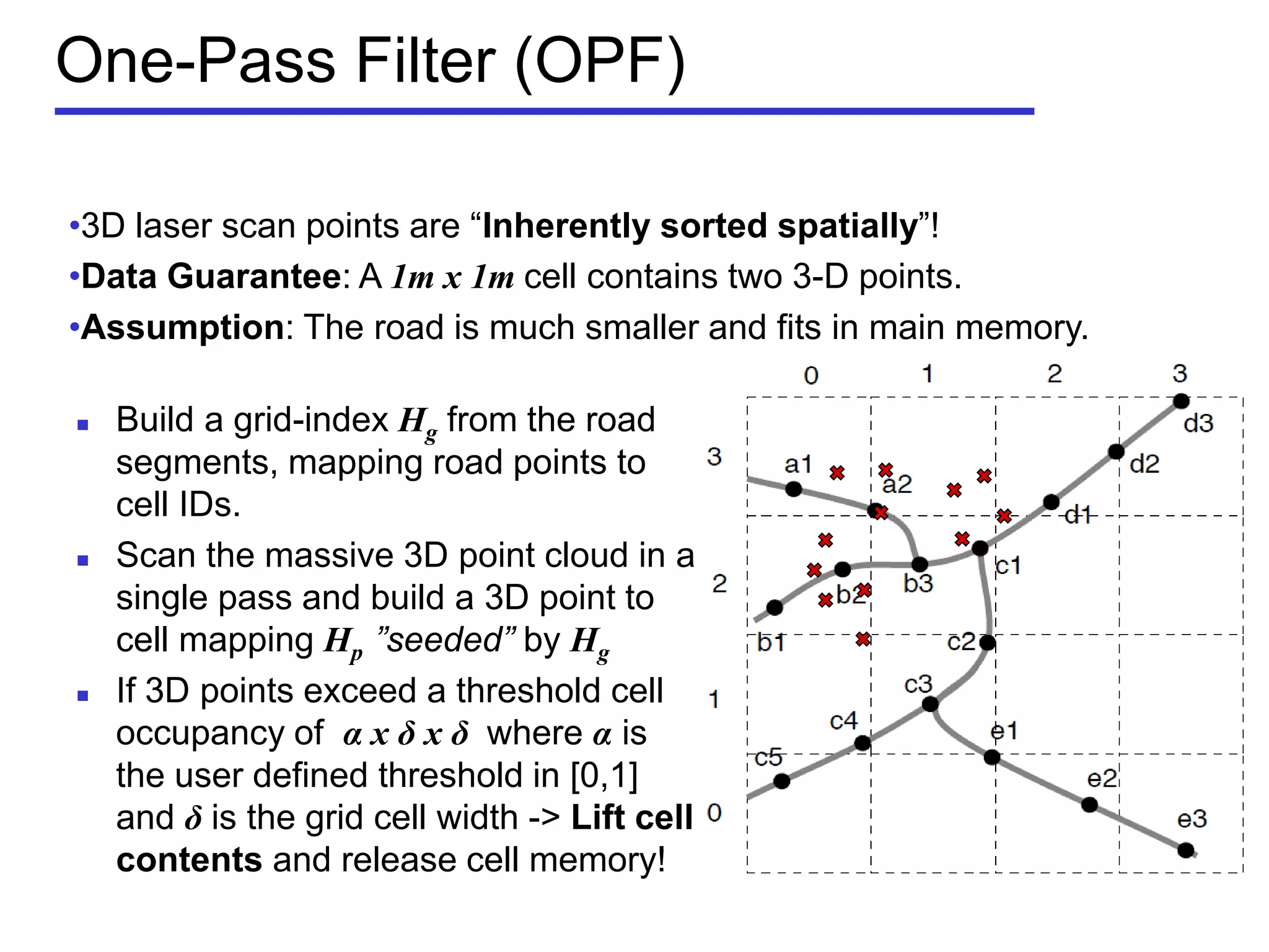 One-Pass Filter (OPF)
•3D laser scan points are ―Inherently sorted spatially‖!
•Data Guarantee: A 1m x 1m cell contains two 3-D points.
•Assumption: The road is much smaller and fits in main memory.
 Build a grid-index Hg from the road
segments, mapping road points to
cell IDs.
 Scan the massive 3D point cloud in a
single pass and build a 3D point to
cell mapping Hp ”seeded” by Hg
 If 3D points exceed a threshold cell
occupancy of α x δ x δ where α is
the user defined threshold in [0,1]
and δ is the grid cell width -> Lift cell
contents and release cell memory!
 