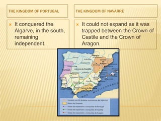 THE KINGDOM OF PORTUGAL      THE KINGDOM OF NAVARRE


   It conquered the            It could not expand as it was
    Algarve, in the south,       trapped between the Crown of
    remaining                    Castile and the Crown of
    independent.                 Aragon.
 