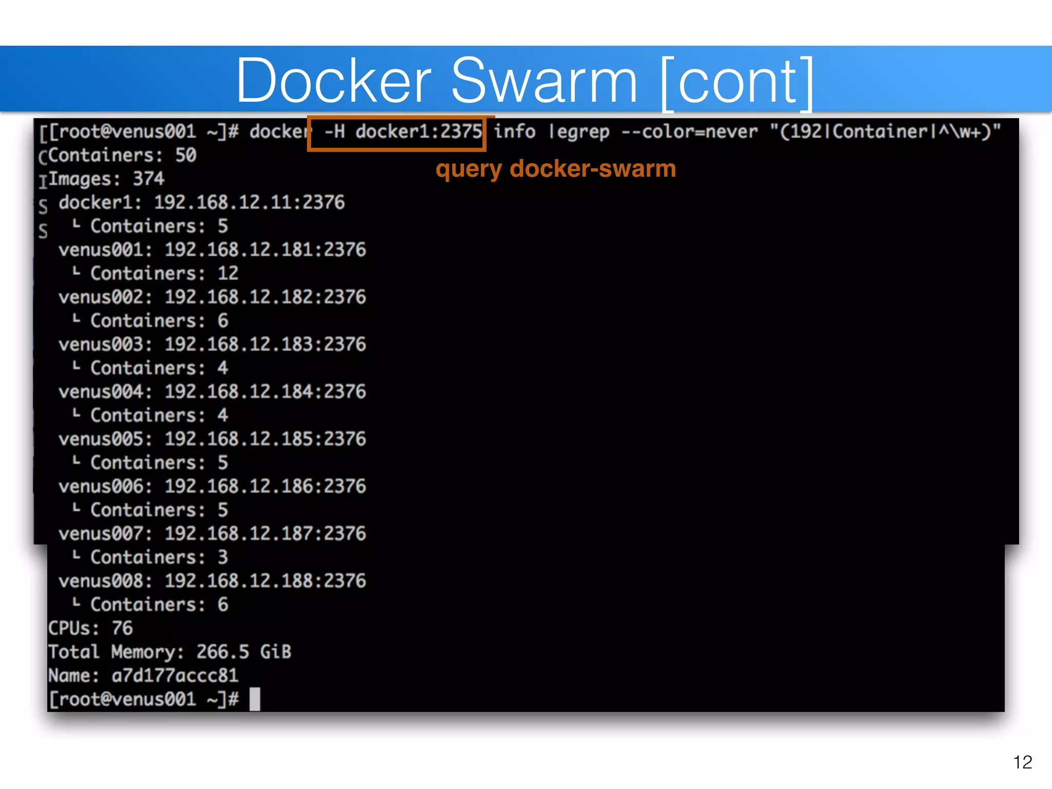 Docker Swarm [cont]
12
query docker-enginequery docker-swarm
 