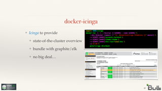 docker-icinga
40
❖ Icinga to provide !
❖ state-of-the-cluster overview!
❖ bundle with graphite/elk!
❖ no big deal…
 