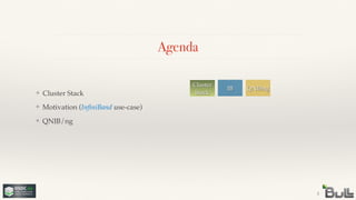 !
!
❖ QNIB/ng
!
❖ Motivation (InﬁniBand use-case)
❖ Cluster Stack
Agenda
3
Cluster
Stack
QNIBngIB
 