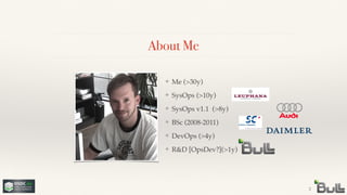 !
!
!
!
!
❖ R&D [OpsDev?](>1y)
!
!
!
!
❖ DevOps (>4y)
!
!
❖ SysOps v1.1 (>8y)
!
!
!
❖ BSc (2008-2011)
!
❖ SysOps (>10y)
About Me
❖ Me (>30y)
2
 