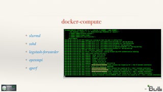 docker-compute
❖ slurmd!
❖ sshd!
❖ logstash-forwarder!
❖ openmpi!
❖ qperf
30
 