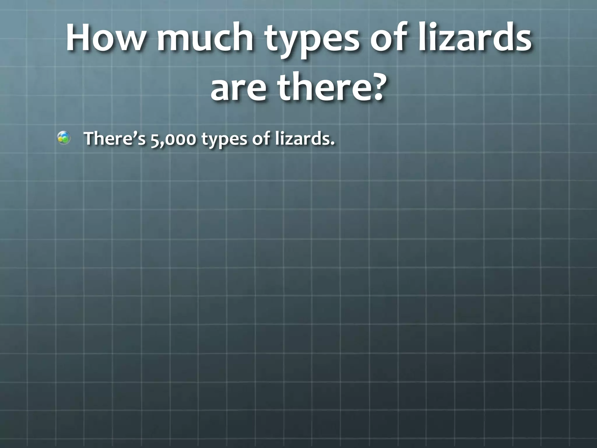 How much types of lizards
are there?
There’s 5,000 types of lizards.