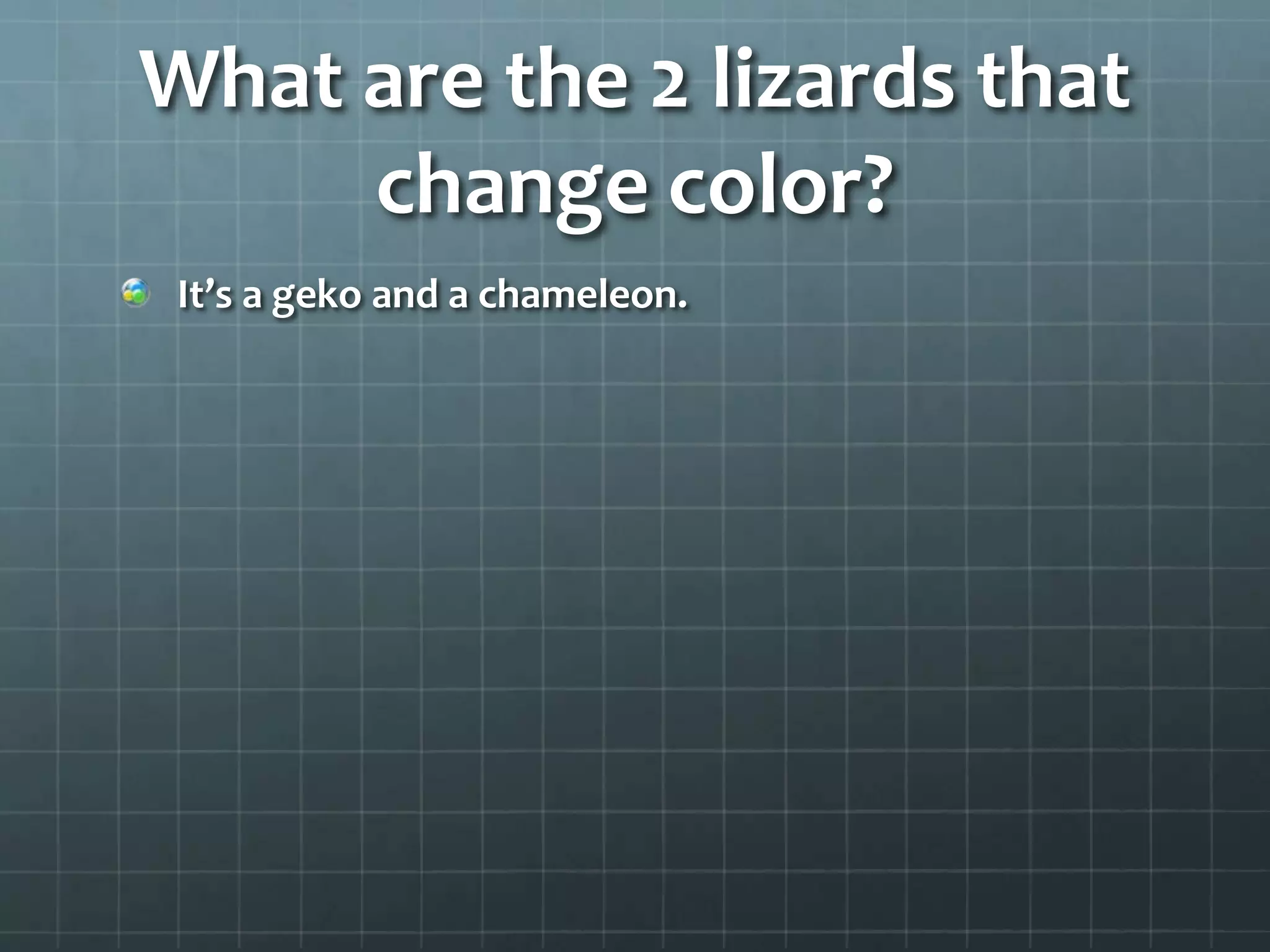 What are the 2 lizards that
change color?
It’s a geko and a chameleon.