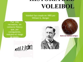 HISTORIA DEL
VOLEIBOL
Voleibol fue creado en 1895 por
William G. Morgan
Fue más
recreativo, sin
contacto físico y
que, por
consiguiente,
redujera el riesgo
de lesión.
 